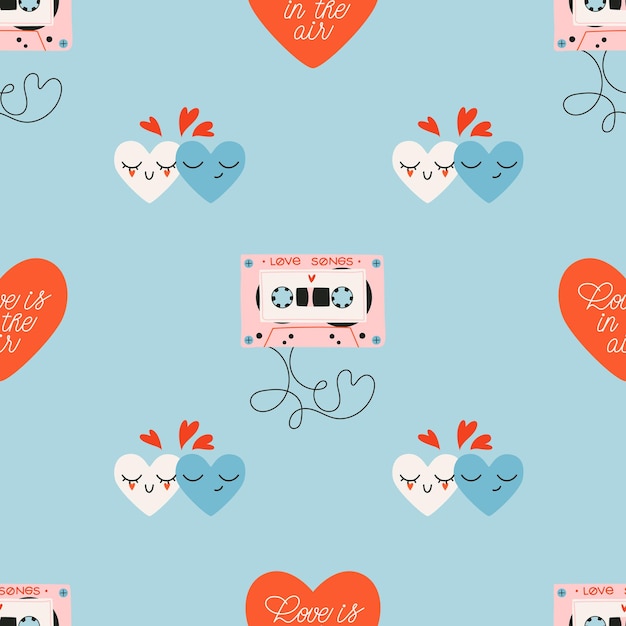 Happy hearts and audio tape seamless pattern