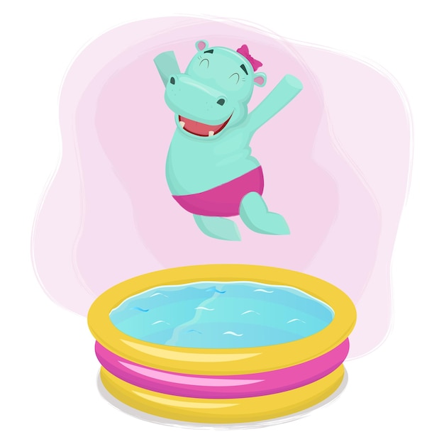 Happy hippo girl jumping into waterpool.