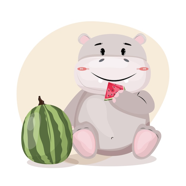 Happy hippopotamus eating a watermelon. For prints, banners, cards.