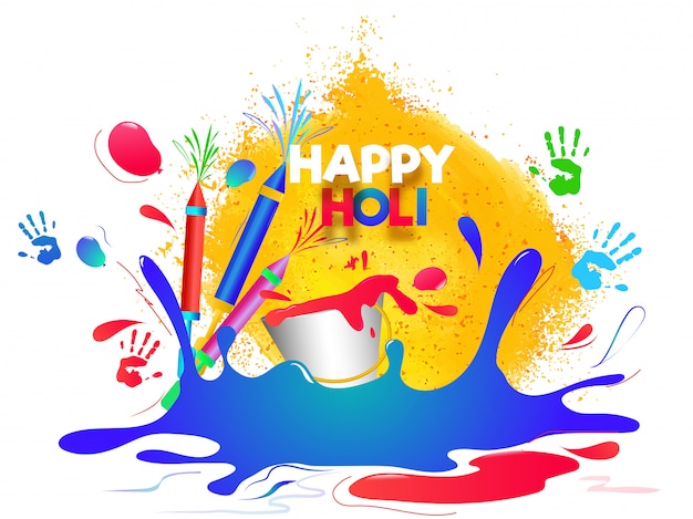 Happy Holi background with color splash, color guns and bucket i