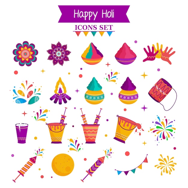 Happy holi celebration colorful flat icons