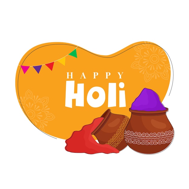 Happy Holi Celebration Concept With Mud Pots Full Of Powder Color (Gulal) On Yellow And White Background.