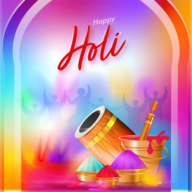 Happy Holi Celebration Gradient Background With Glossy Dhol, Water Gun, Bowls And Bucket Full Of Colors.