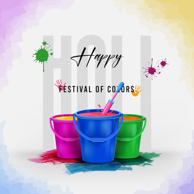 happy holi festival creative social media post design with holi liquid color bucket and color splash