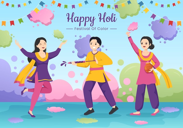 Happy Holi Festival Illustration with Colorful Pot and Powder In Hindi in Hand Drawn Templates