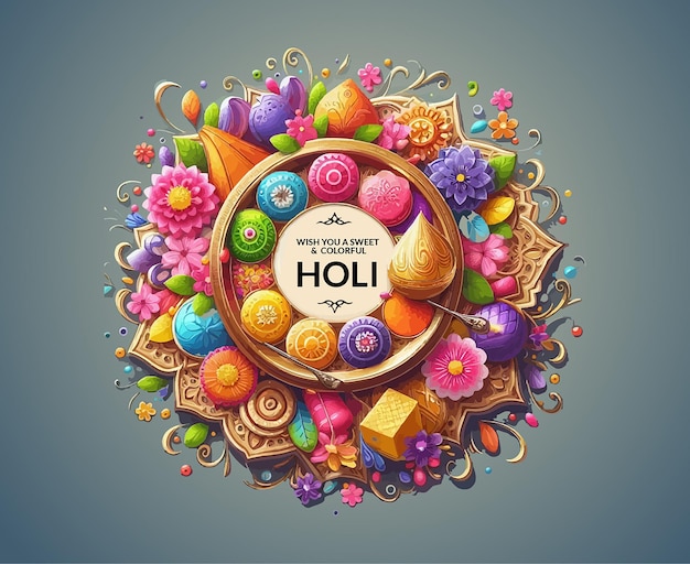 Happy Holi festival of India greeting card with colorful flowers and sweets