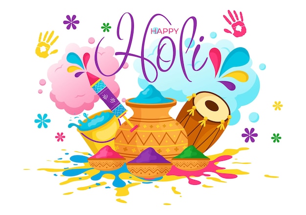 Vector happy holi festival vector illustration with colorful pot and powder in hindi in colors celebration