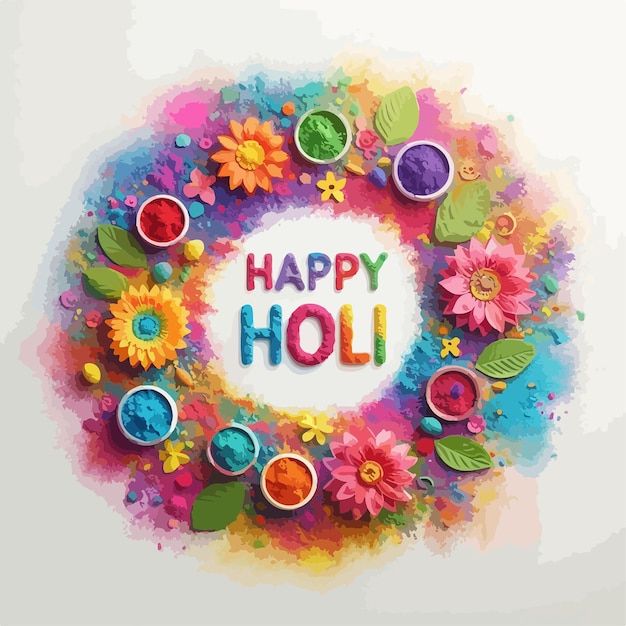 Happy Holi greeting card with colorful paints and flowers Vector illustration