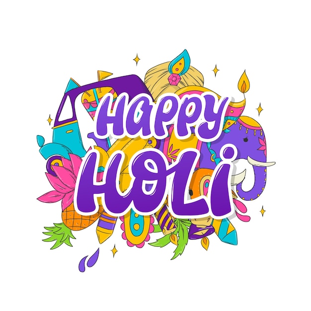 Happy Holi lettering quote decorated with doodles. Good for posters, prints, cards, stickers