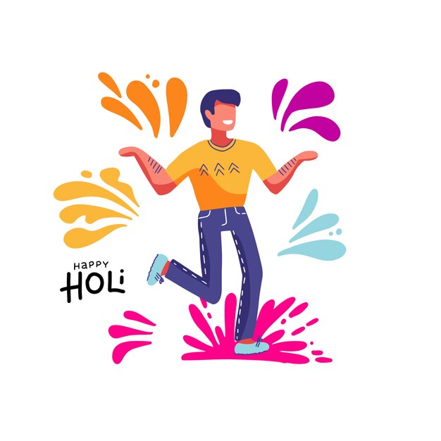 Vector happy holi. man taking part in traditional indian festival of colours. joyful happy guy. colorful isolated print.  illustration on white  with color spots, splash