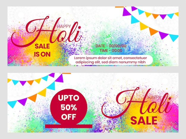 Happy holi sale banner poster or web header design background with colorful powder splash Vector Illustration