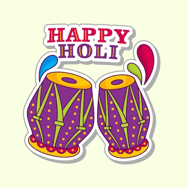 Happy Holi Text With Tabla And Arc Drop On Cosmic Yellow Background For Festival Celebration Concept