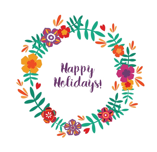 Happy holidays card with floral wreath