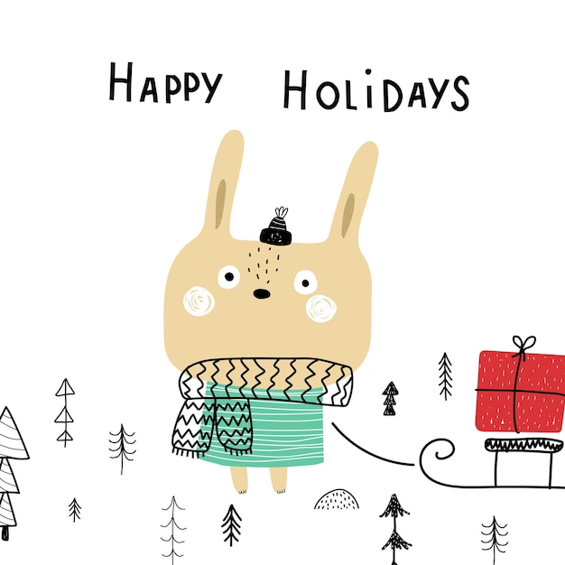 Happy holidays. Cartoon hare, hand drawing lettering