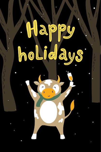 Vector happy holidays concept with cow or bull