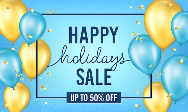 Happy holidays final sale promo flyer Special offer blue banner with gold foil confetti Vector