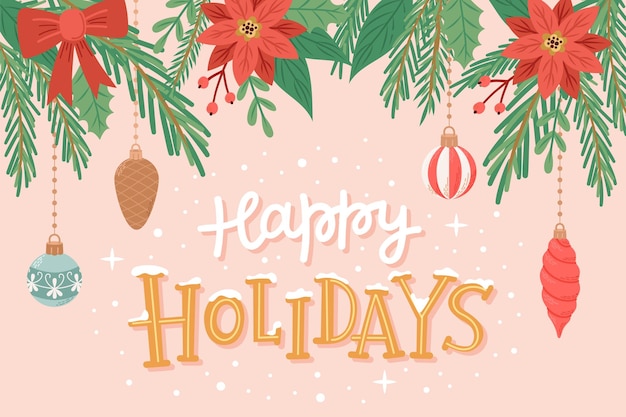 Happy holidays greeting card with cute branches hanging decorations and hand drawn lettering