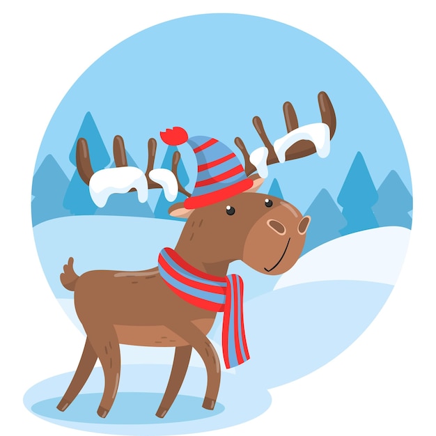 Happy Holidays greeting card with cute deer in knitted hat and scarf deer colorful banner or poster template vector Illustration cartoon style