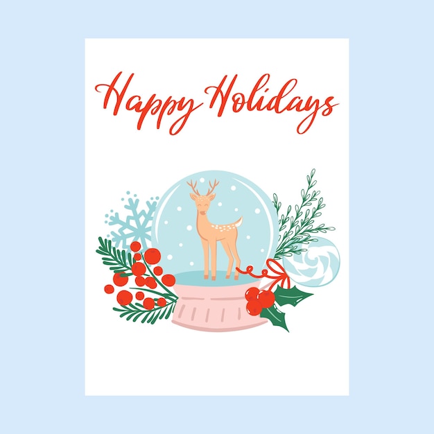 Happy Holidays  greeting card with snow ball and reindeer