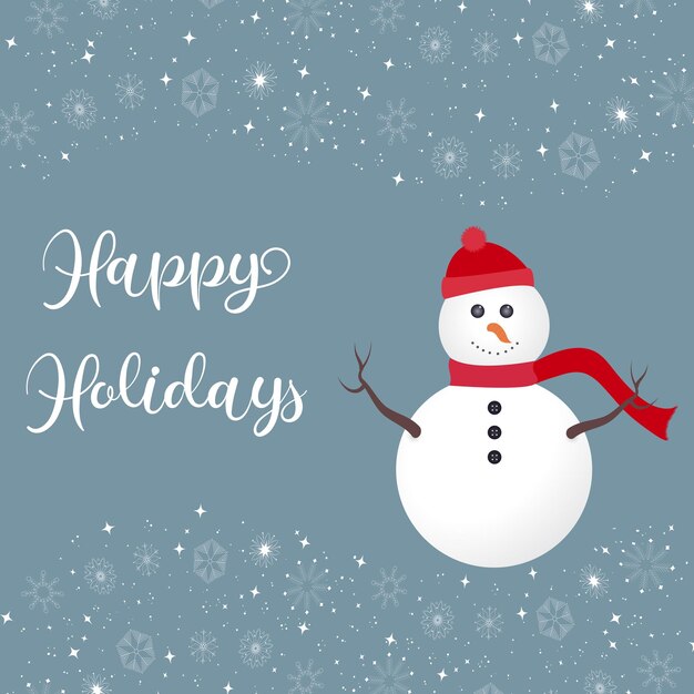 Vector happy holidays greetings with snowman and falling snowflakes vector illustration background