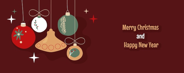 Happy Holidays modern banner design with Christmas decorations. Xmas retro background. Vector flat