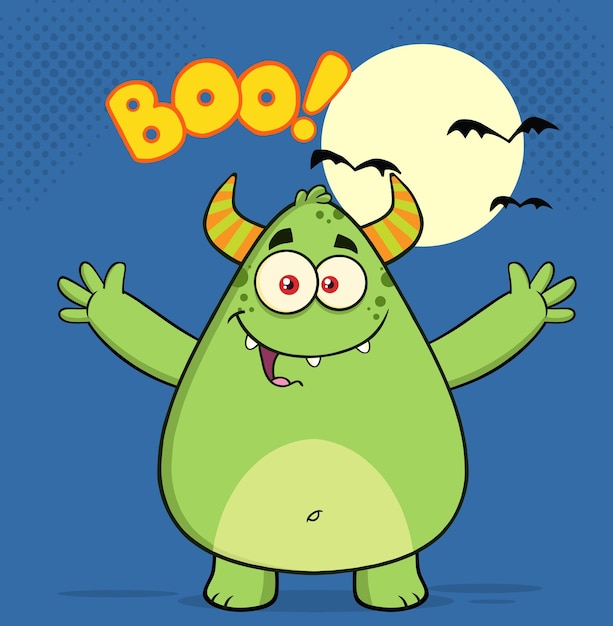 Happy Horned Green Monster Cartoon Character With Welcoming Open Arms And Boo Text