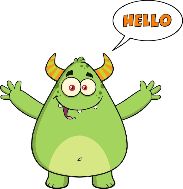 Happy Horned Green Monster Cartoon Character With Welcoming Open Arms And Speech Bubble Hello Text