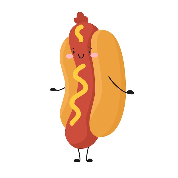 Happy hot dog fast food sausage in dough Vector illustration