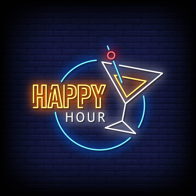 Happy Hour Neon Signboard On Brick Wall