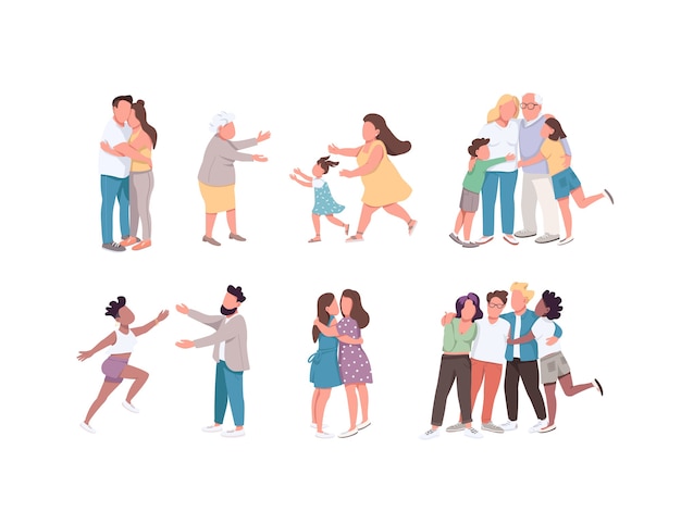 Happy hugging flat color faceless characters set. Relationship between relatives. Multi cultural group friendship. Couple cuddle. Family isolated cartoon illustrations on white background