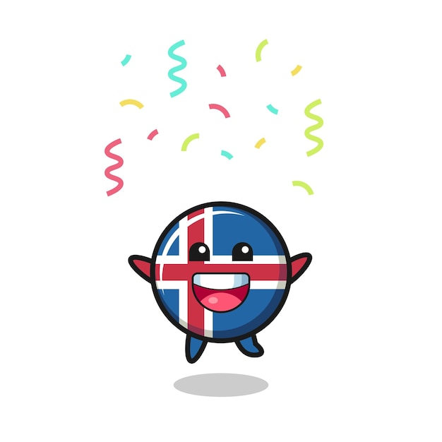 Happy iceland flag mascot jumping for congratulation with colour confetti