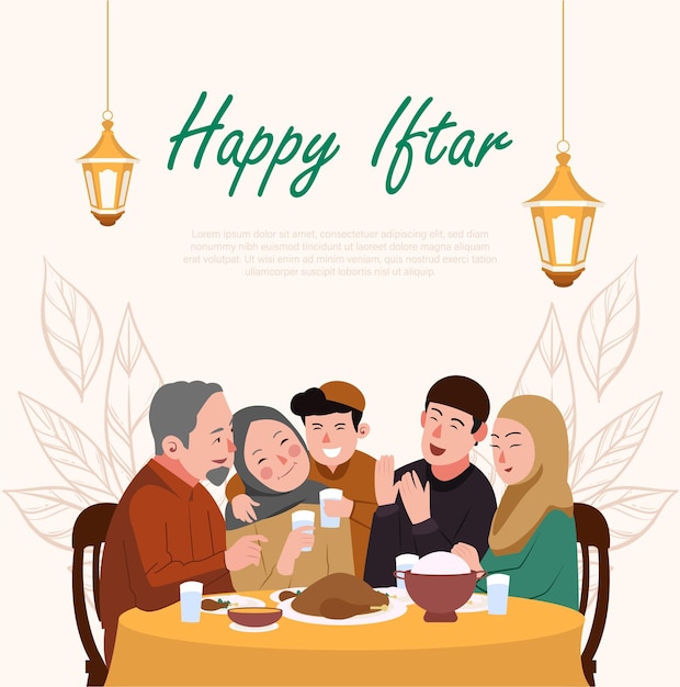 Happy Iftar of Moslem Family Vector Illustration 