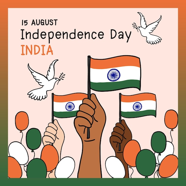 Vector happy independence day hand holding flag of indian with text and birds flying freedom on background