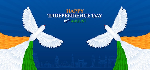 Happy Independence day in India on August 15 dove peace with flag rays