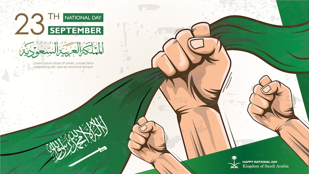 happy independence day saudi arabia greetings holding hand with flag 23 september