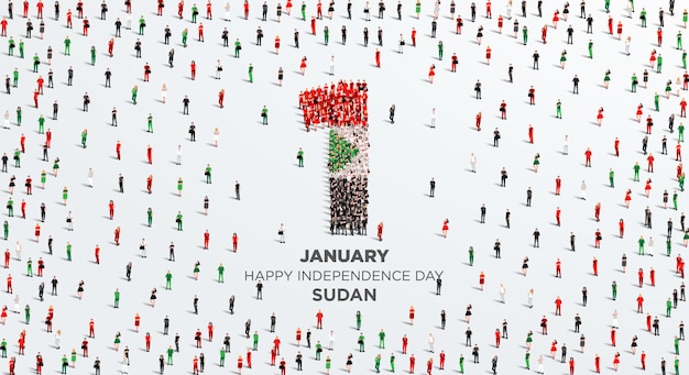 Happy Independence Day Sudan. A large group of people form to create the number 1.