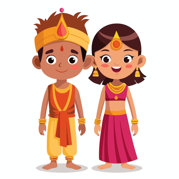 Vector a happy indian boy and girl in traditional clothing