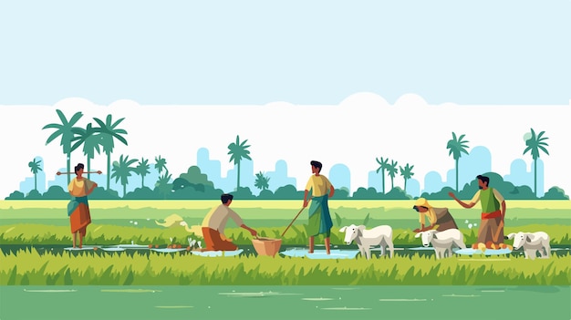 Happy Indian Farmers Working in Rice Field Vector Illustration