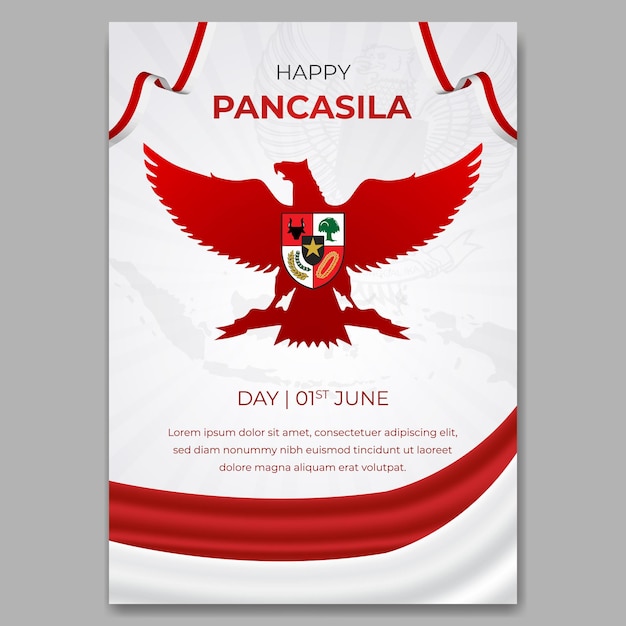 Happy Indonesian Pancasila day June 01st poster design with flag and eagle silhouette illustration