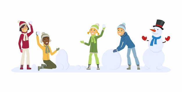 Happy international children play outdoors - cartoon people characters illustration. Smiling boys and girls throwing snowballs and building a snowman. Concept of winter activities, New Year, Christmas