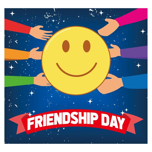 Happy international friendship day Top view of friends hand Palms facing up Smilies are painted on the palms flat vector modern illustration