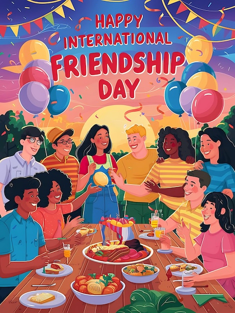 Happy International Friendship Day vector greeting card back view of the friends group