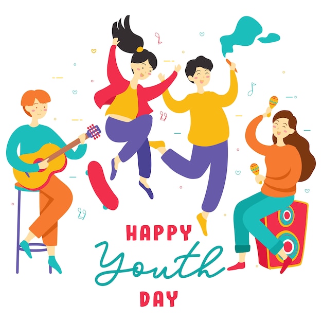 Happy International Youth Day. Teen people group of diverse young girls and boys together holding hands, play music, skate board, party, friendship