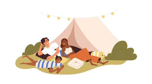 Happy interracial family at camping on summer holidays. Parents and kid near tent, relaxing outdoors in nature. Mother, father, girl resting. Flat vector illustration isolated on white background.