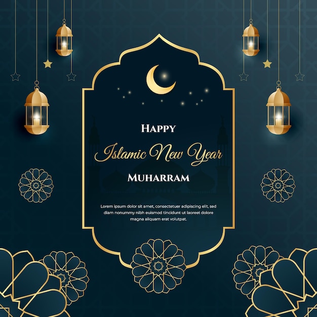 Happy Islamic New Year Muharram with lantern and Islamic ornament illustration