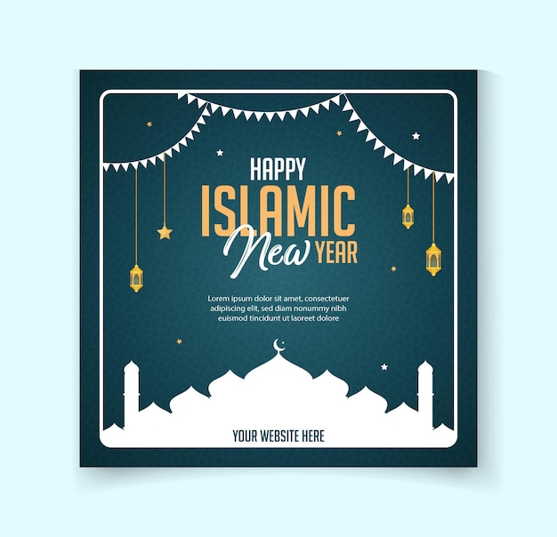 Vector happy islamic new year post design with mosque and islamic lantern for social media post template