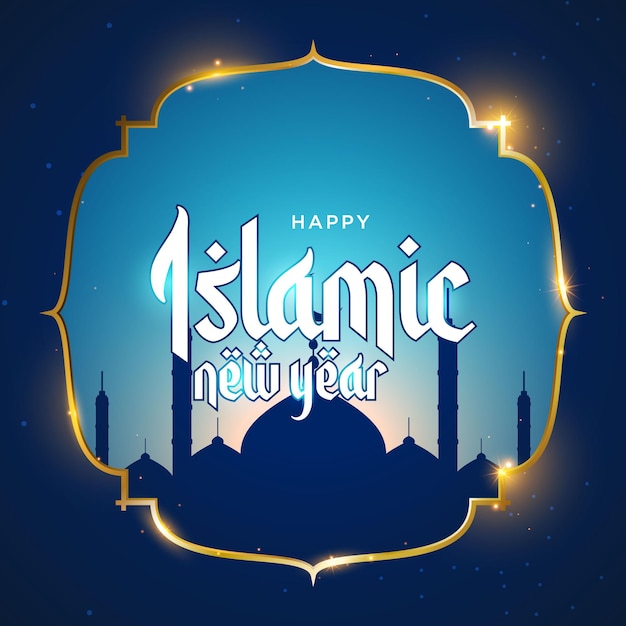 happy islamic new year with blue background and church silhouette