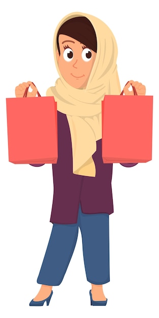 Happy islamic woman after shopping sale Cartoon character