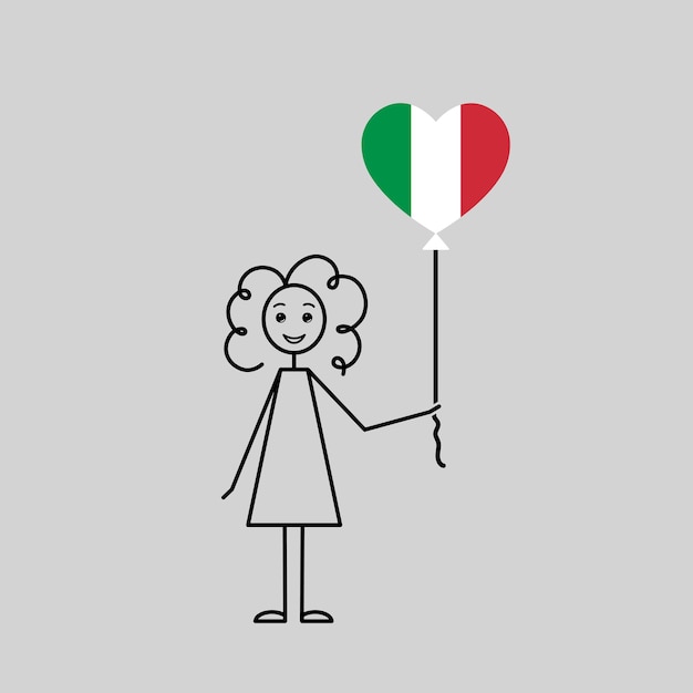 Happy italian girl love Italy sketch female character with a heart shaped balloon black line vector illustration