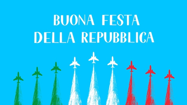 Happy Italy Republic Day in Italian hand lettering with airplanes and air show in sky Easy to edit vector template for typography poster banner flyer sticker greeting card postcard